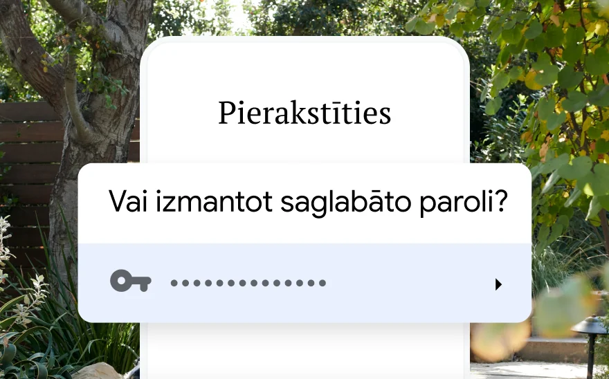 Ceļojumu rezervācijas vietnes pierakstīšanās lapā redzams aicinājums izmantot saglabātu paroli. Fonā redzama dabas ainava.