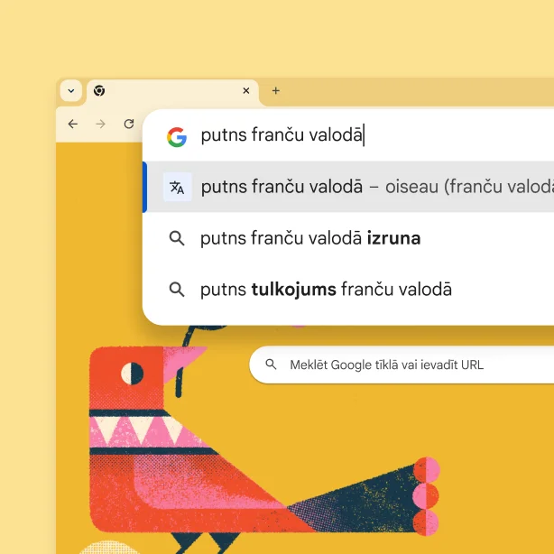 Google meklēšanas lapa ar putna attēlu un meklēšanas vaicājumu “putns franču valodā” un rezultātu “oiseau”