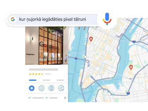 Meklēšanā ar balsi izmantotam vaicājumam “Kur Ņujorkā var iegādāties Pixel tālruni” tiek parādīts rezultāts ar Google Store veikalu Ņujorkā.